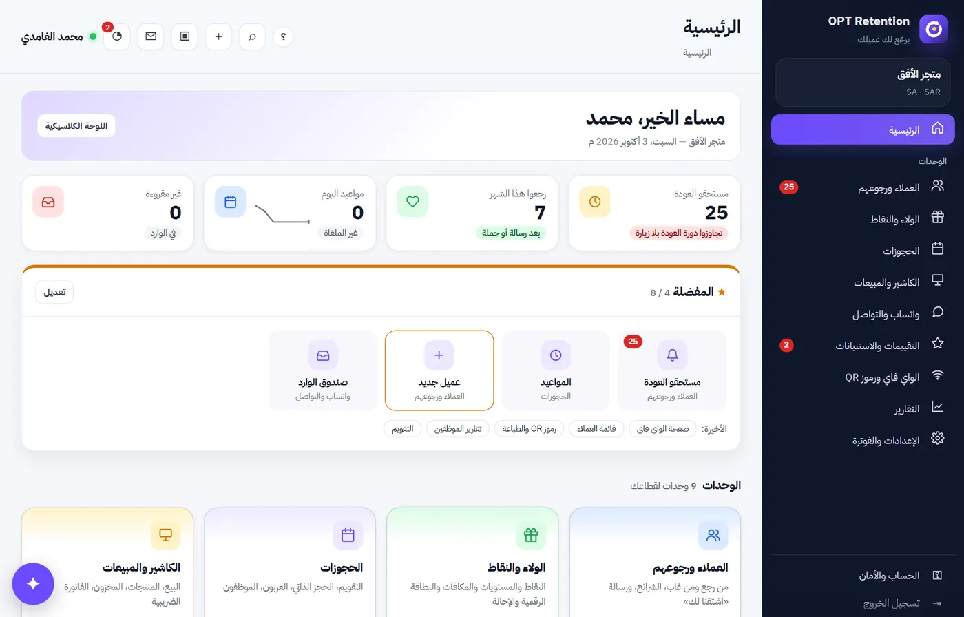 لوحة تحكم OPT Retention: العملاء الذين رجعوا، النقاط، والرسائل